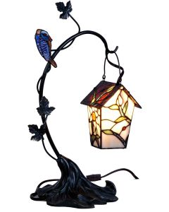 Bieye L30617 Tiffany Style Stained Glass Birdhouse Table Lamp for Home Decor (Pink Flower, 21-inch High)