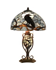 Bieye L10954 Raven Sitting on Bare Tree Branch in Full Moon Night Tiffany Style Stained Glass Table Lamp for Home Decor (Dark Blue, 16Wx24H)