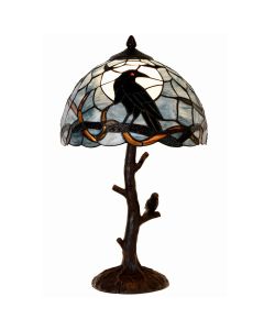 Bieye L10956 Raven Sitting on Bare Tree Branch in Full Moon Night Tiffany Style Stained Glass Table Lamp for Home Decor (Dark Blue, 12Wx20H)