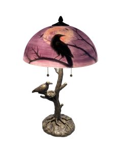 Bieye L13002 Ravens Sitting on Bare Tree Branch Against Full Moon Hand-Painted Glass Table Lamp with Raven Nest Lamp Base for Halloween Home Decor (Reddish Purple, 14" D x 14" W x 22" H)