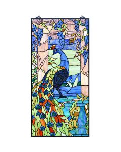 Bieye W10096 Peacock in Garden Tiffany Style Stained Glass Window Panel for Home Decor (Blue, 19.5Wx40.5H Rectangular)