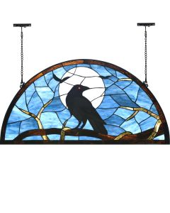 Bieye W10098 Tiffany Style Stained Glass Window Panel with Raven Sitting on Bare Tree Branch Against Full Moon Scene for Halloween Decor (Dark Blue, 36" Wx18 H Half-Round)