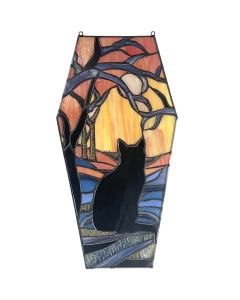 Bieye W10107 Black Cat Looking at Full Moon Tiffany Style Stained Glass Coffin Shaped Window Panel for Home Decor