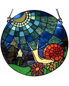Bieye W10109 Land Snail in Moonlit Forest Tiffany Style Stained Glass Window Panel, 16 inches Round for Window or Wall Decor
