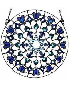 Bieye W10110 Star of David Tiffany Style Stained Glass Window Panel, 16-Inch Round Hanukkah Suncatcher, Hanging Judaica Decor