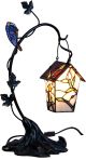 Bieye L30617 Tiffany Style Stained Glass Birdhouse Table Lamp for Home Decor (Pink Flower, 21-inch High)