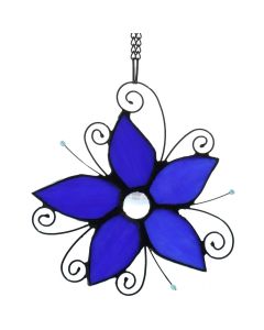 BIEYE 5 Petal Flower Tiffany Stained Glass Window Hangings with Suction Cup Hook and Chain for Window Garden Decoration (Blue)