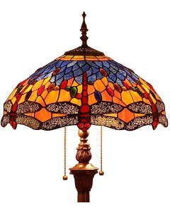  Bieye L10703 Dragonfly Tiffany Style Stained Glass Floor Lamp with 16 Inch Wide Complex Design Lampshade and Metal Base, Orange Blue, 65 Inch Tall 