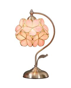 Bieye L10732 Cherry Blossom Tiffany Style Stained Glass Table Lamp with Petal Lampshade Vintage Brass Base, 8"W x 17"H-Pink