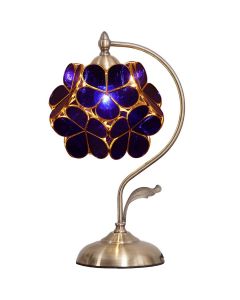 Bieye L10750 Cherry Blossom Tiffany Style Stained Glass Table Lamp with Petal Lampshade Vintage Brass Base, 8"W x 17"H-Blue