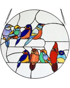 Bieye W10051 Tropical Birds on The Wire Tiffany Style Stained Glass Window Panel with Chain, Round Shape, 16-inch Wide