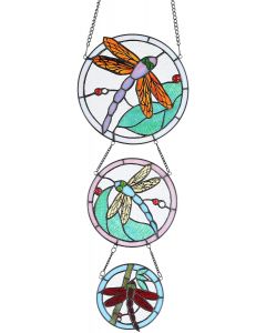  Bieye W10059 Dragonfly Tiffany Style Stained Glass Window Panel with 3 Pieces Hanging Successively Within Chains, 10" W x 39" H 